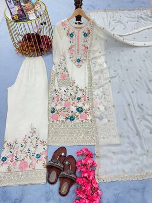 White Embroidery And sequin Work Silk Blend Salwar Suit 3