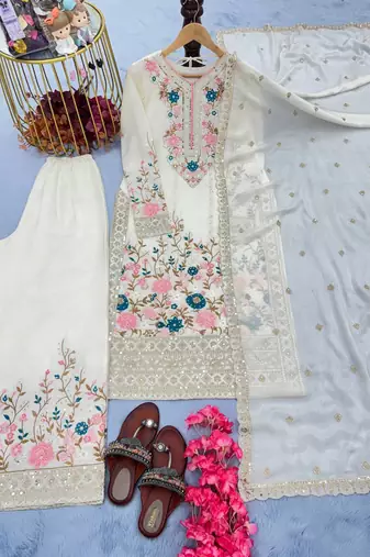 White Embroidery And sequin Work Silk Blend Salwar Suit