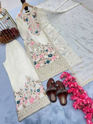 White Embroidery And sequin Work Silk Blend Salwar Suit 4