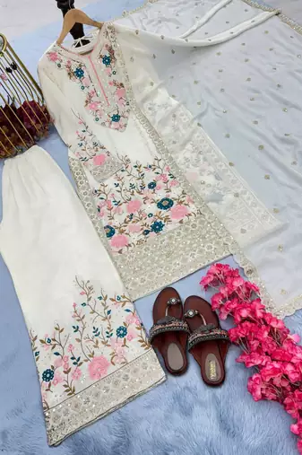 White Embroidery And sequin Work Silk Blend Salwar Suit