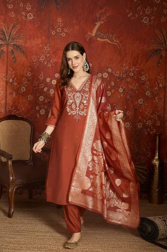 Elegant rust orange roman embroidered kurti pant set