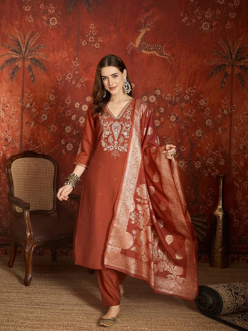 Elegant rust orange roman embroidered kurti pant set