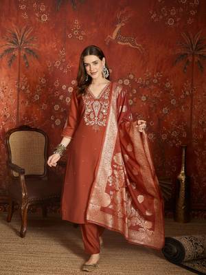 Elegant rust orange roman embroidered kurti pant set 1