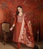 Elegant rust orange roman embroidered kurti pant set