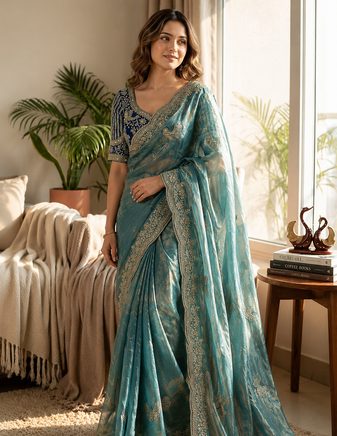 Light Teal Color Sequance and Zari Embroidery Work Satin Saree