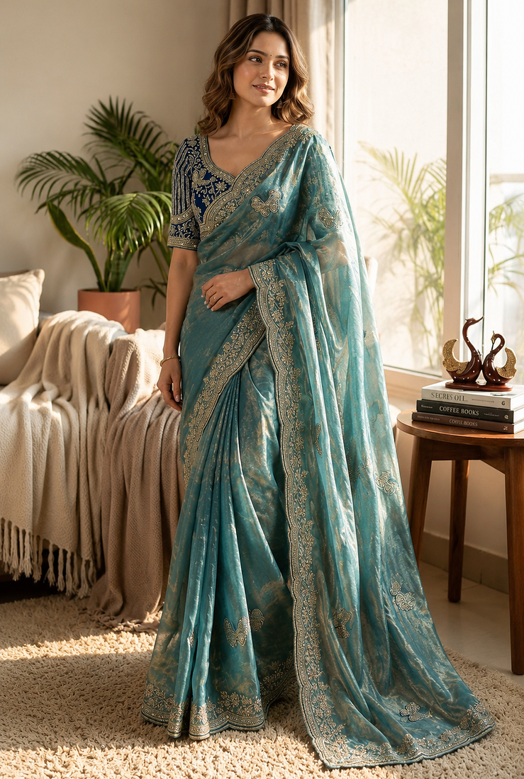 Light Teal Color Sequance and Zari Embroidery Work Satin Saree