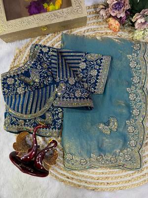 Light Teal Color Sequance and Zari Embroidery Work Satin Saree 3