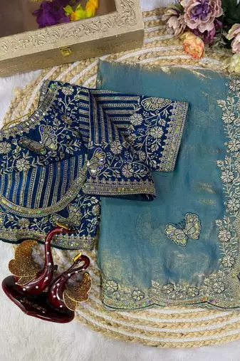 Light Teal Color Sequance and Zari Embroidery Work Satin Saree