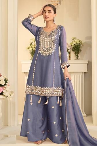 blue simmer silk sharara suits free size stitched upto 42