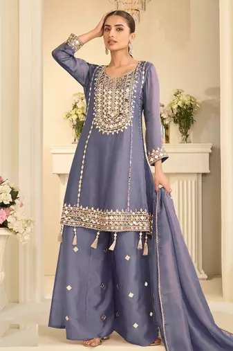 blue simmer silk sharara suits free size stitched upto 42