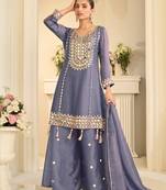 blue simmer silk sharara suits free size stitched upto 42