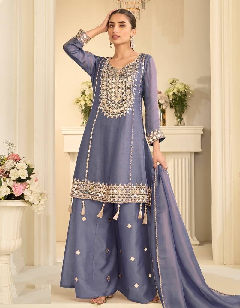 blue simmer silk sharara suits free size stitched upto 42