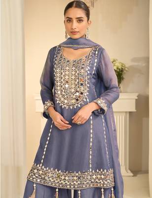 blue simmer silk sharara suits free size stitched upto 42 2