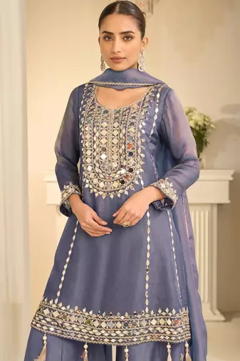 blue simmer silk sharara suits free size stitched upto 42