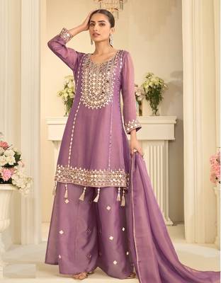 Purple simmer silk sharara suits free size stitched upto 42 1