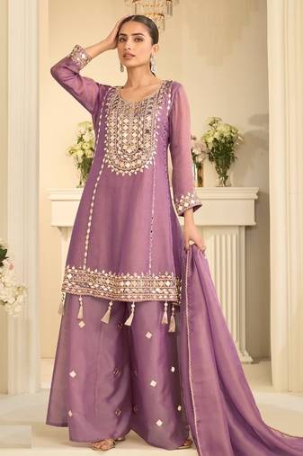 Purple simmer silk sharara suits free size stitched upto 42