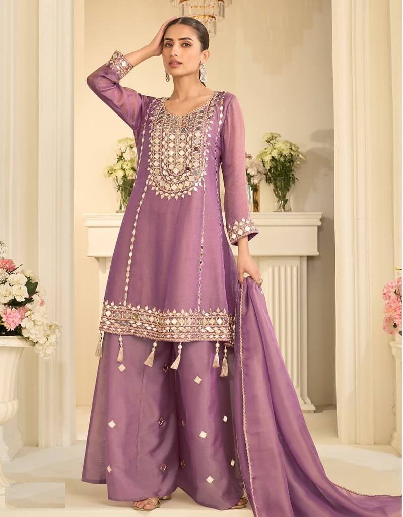 Purple simmer silk sharara suits free size stitched upto 42