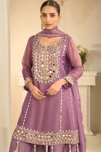 Purple simmer silk sharara suits free size stitched upto 42