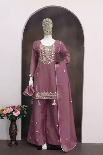 Purple simmer silk sharara suits free size stitched upto 42