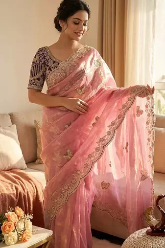 Pink Color Sequance and Zari Embroidery Work Satin Saree