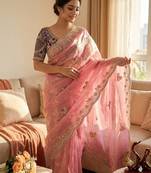 Pink Color Sequance and Zari Embroidery Work Satin Saree