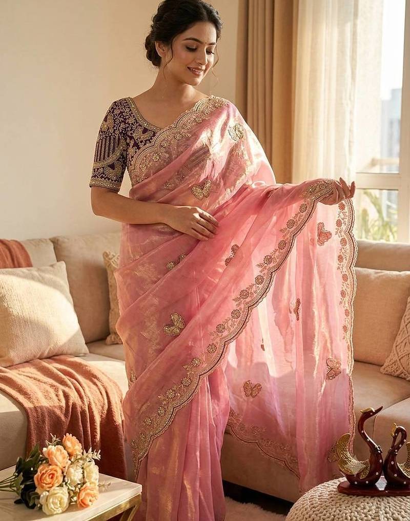 Pink Color Sequance and Zari Embroidery Work Satin Saree