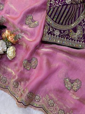 Pink Color Sequance and Zari Embroidery Work Satin Saree 2