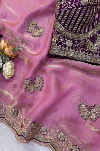 Pink Color Sequance and Zari Embroidery Work Satin Saree