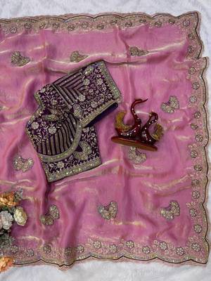 Pink Color Sequance and Zari Embroidery Work Satin Saree 3