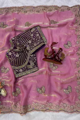 Pink Color Sequance and Zari Embroidery Work Satin Saree