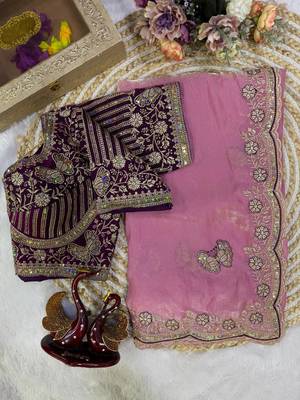 Pink Color Sequance and Zari Embroidery Work Satin Saree 4