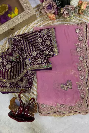 Pink Color Sequance and Zari Embroidery Work Satin Saree