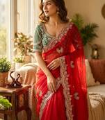 Red Color Sequance and Zari Embroidery Work Satin Saree