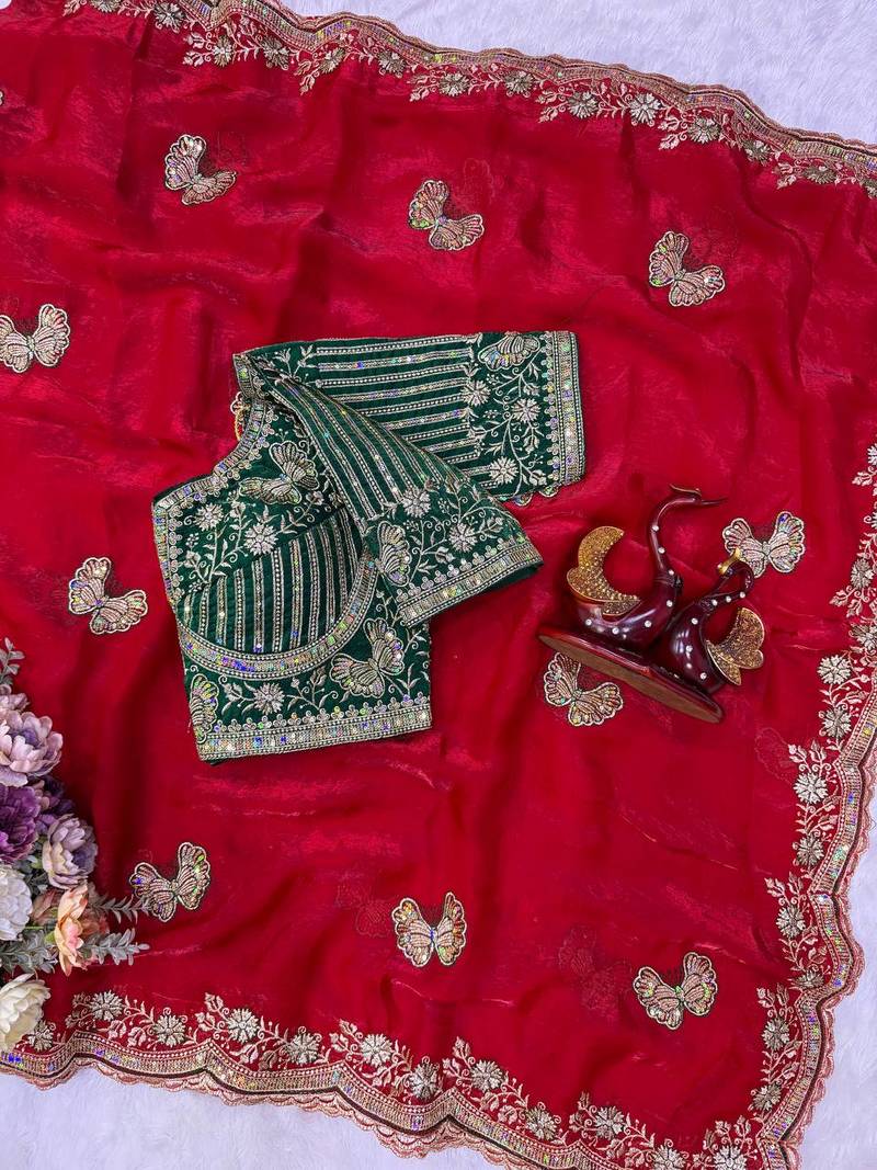 Red Color Sequance and Zari Embroidery Work Satin Saree