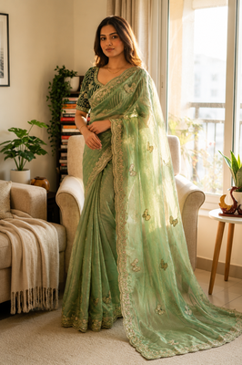 Sea Green Color Sequance and Zari Embroidery Work Satin Saree 1