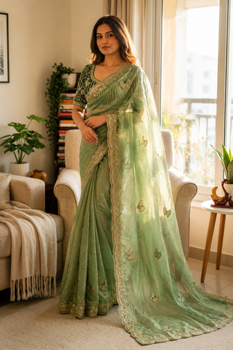 Sea Green Color Sequance and Zari Embroidery Work Satin Saree