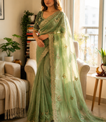 Sea Green Color Sequance and Zari Embroidery Work Satin Saree