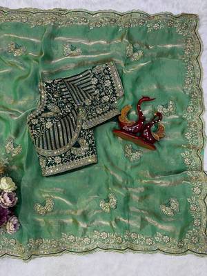 Sea Green Color Sequance and Zari Embroidery Work Satin Saree 2