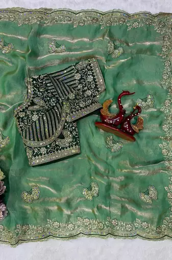 Sea Green Color Sequance and Zari Embroidery Work Satin Saree