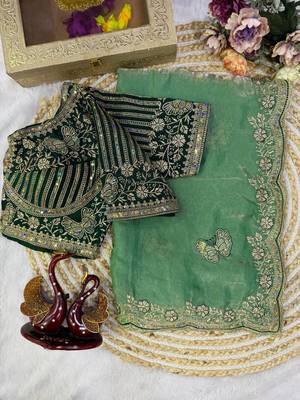 Sea Green Color Sequance and Zari Embroidery Work Satin Saree 3