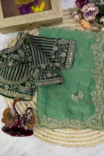 Sea Green Color Sequance and Zari Embroidery Work Satin Saree