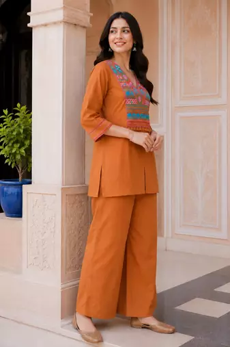 Rust Embroidered Kurta & Palazzo Set
