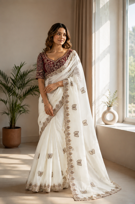 White Color Sequance and Zari Embroidery Work Satin Saree 1
