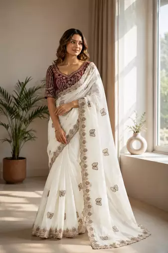 White Color Sequance and Zari Embroidery Work Satin Saree
