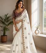 White Color Sequance and Zari Embroidery Work Satin Saree