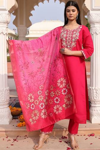 Floral embroidered sequinned pure cotton sequinned kurta Set