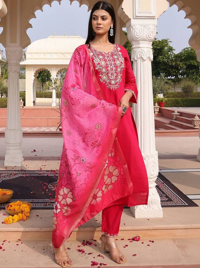 Floral embroidered sequinned pure cotton sequinned kurta Set