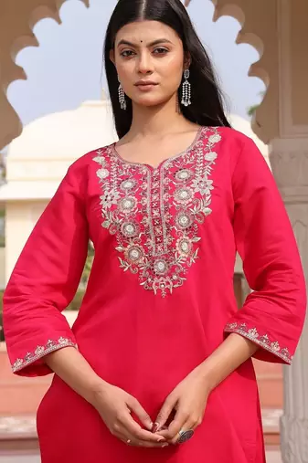 Floral embroidered sequinned pure cotton sequinned kurta Set