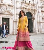 Yellow and pink georgette full stitched sharara suits free size upto 44