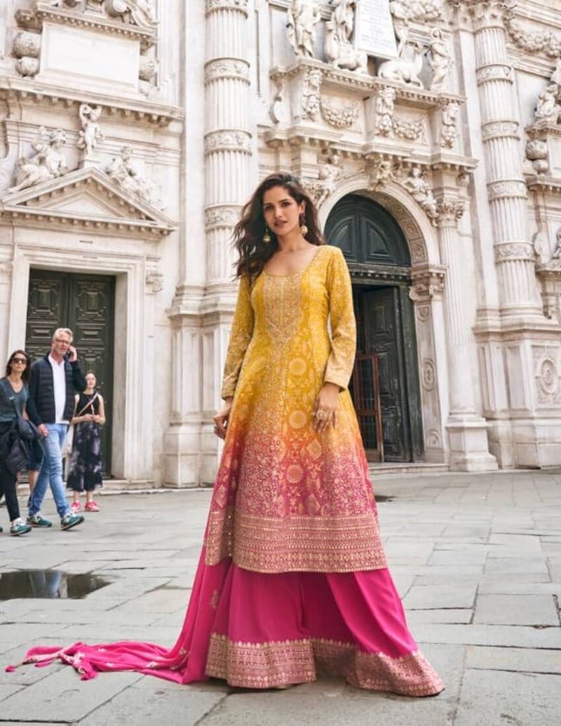 Yellow and pink georgette full stitched sharara suits free size upto 44